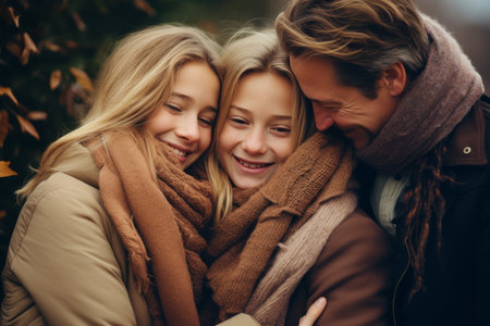 three people are hugging and smiling in front of a treeの素材