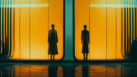 two people are standing in front of a glass doorの素材