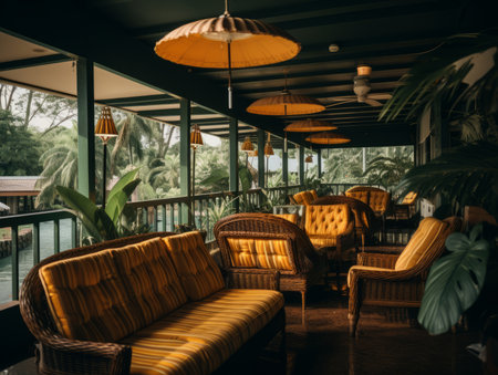 yellow wicker chairs and umbrellas on the porch of a houseの素材