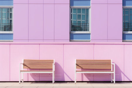 two wooden benches sit against a purple wallの素材