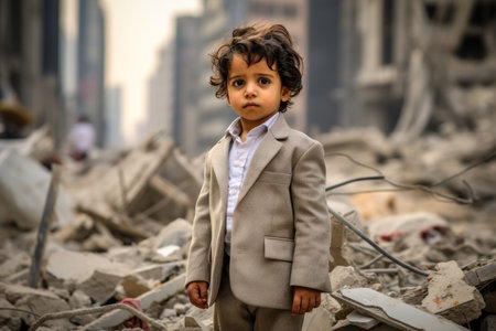 a little boy in a suit stands in front of rubbleの素材