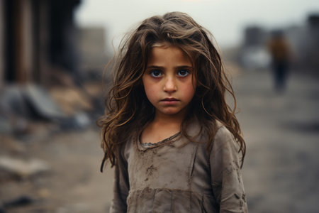 a little girl standing in the middle of a dirt roadの素材