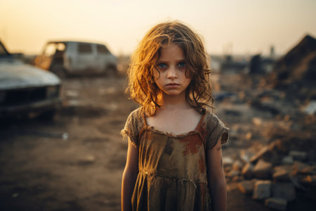 a little girl standing in front of destroyed buildingsの素材