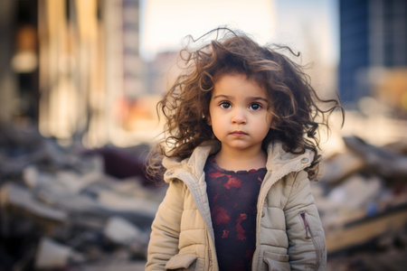 a little girl with curly hair standing in front of rubbleの素材
