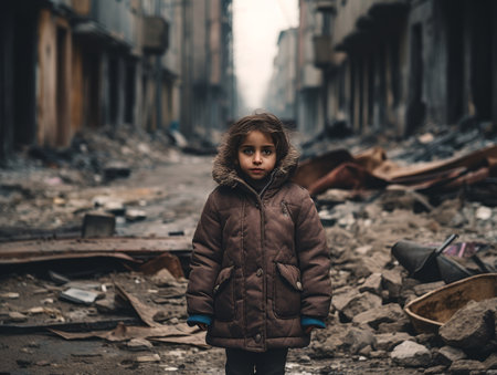a little girl standing in the middle of a destroyed cityの素材
