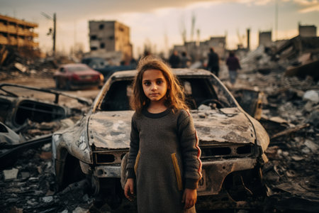 a little girl standing in front of a destroyed carの素材