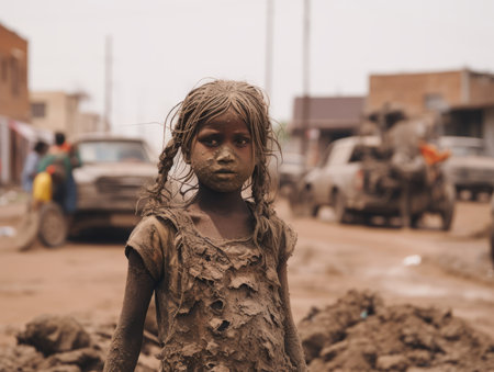 a little girl covered in mud standing in the middle of a dirt roadの素材