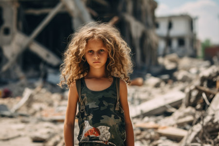 a little girl standing in front of a destroyed buildingの素材