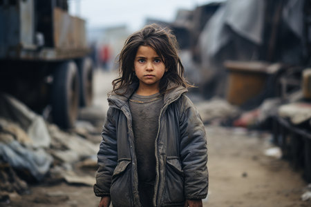 a little girl standing in the middle of a dirt roadの素材