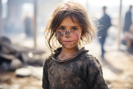 a little girl with mud on her face standing in the dirtの素材