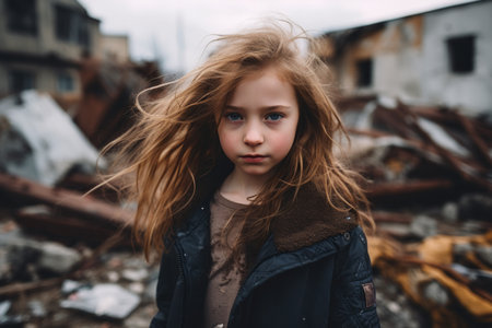 a little girl standing in front of a pile of rubbleの素材