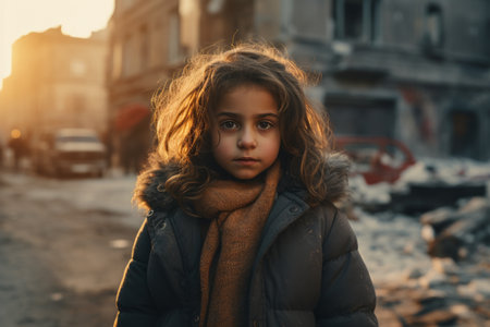 a little girl standing in the middle of a city streetの素材