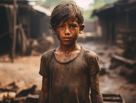 a young boy is standing in a dirty areaの素材