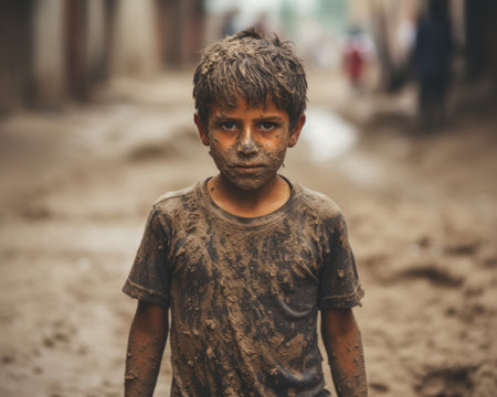 a young boy is standing in the mudの素材