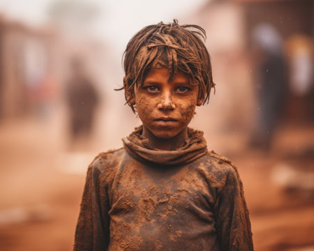 a young boy covered in mud standing in the middle of a dirt roadの素材