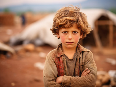 a young boy standing in front of a tentの素材