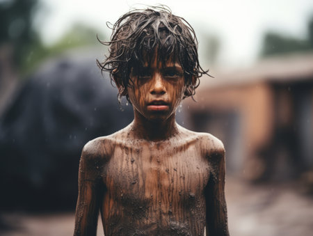a young boy is standing in the mudの素材