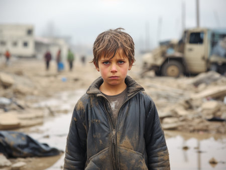 a young boy standing in a muddy fieldの素材