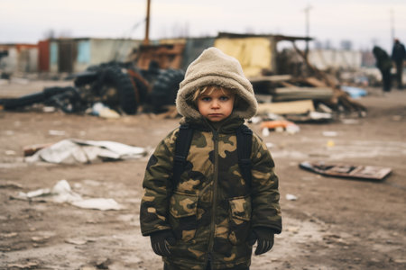 a young boy standing in front of a pile of garbageの素材