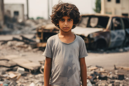 a young boy standing in front of a destroyed buildingの素材
