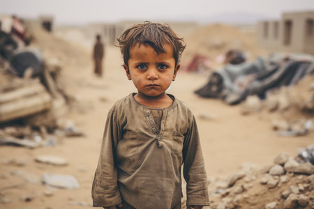 a young boy standing in the dirt in front of a pile of rubbleの素材