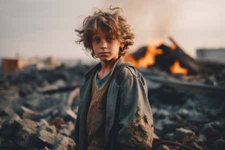 a young boy standing in front of a pile of rubbleの素材