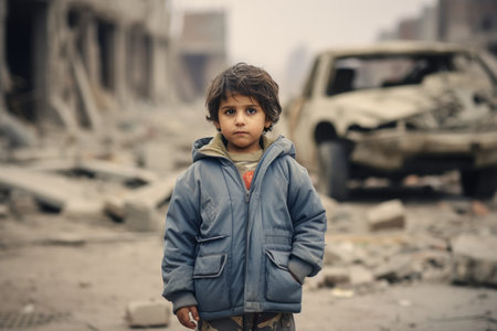 a young boy stands in front of a destroyed buildingの素材