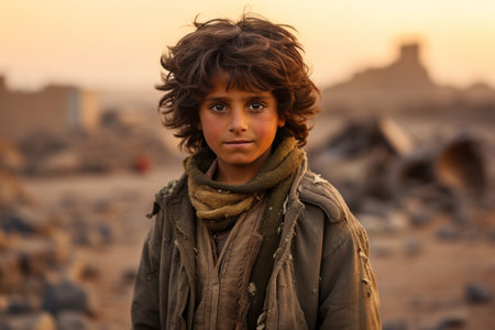 a young boy stands in the middle of a desertの素材