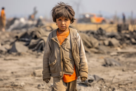 a young boy standing in the middle of a pile of rubbleの素材