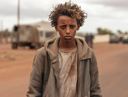 a young boy standing in the middle of a dirt roadの素材