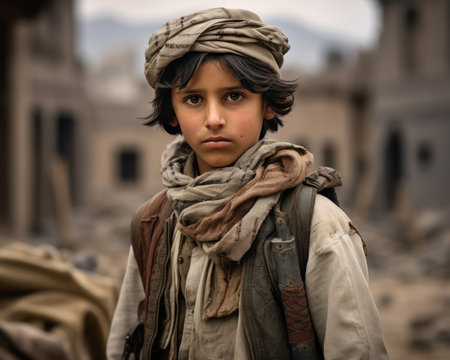 a young boy wearing an old style turban in the middle of a destroyed cityの素材