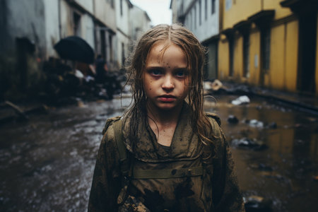 a young girl is standing in the middle of a dirty streetの素材