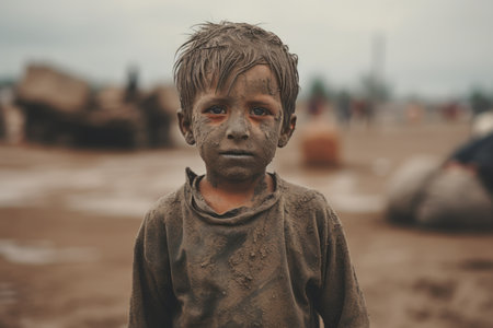 a young boy with mud on his face standing in the dirtの素材