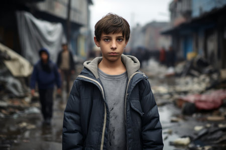 a young boy stands in the middle of a dirty streetの素材