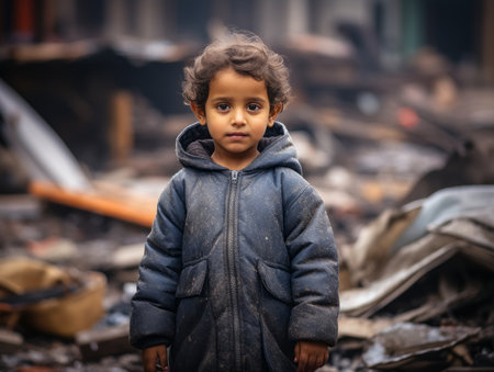 a young child standing in front of a pile of rubbleの素材