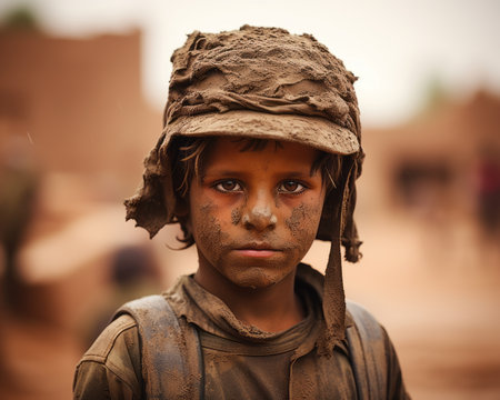 a young boy wearing a helmet in the mudの素材