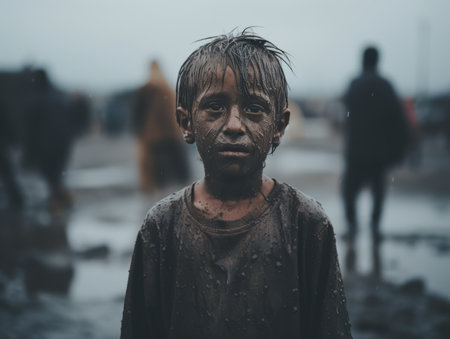 a young boy with mud on his face standing in the mudの素材