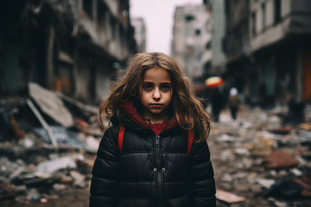 a young girl standing in the middle of a destroyed cityの素材