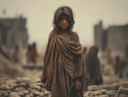 a young girl standing in the rubble of a destroyed cityの素材