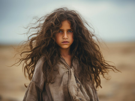 a young girl with long hair standing in the desertの素材