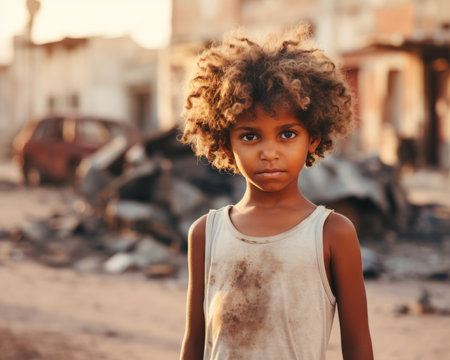 an african child standing in front of a destroyed buildingの素材