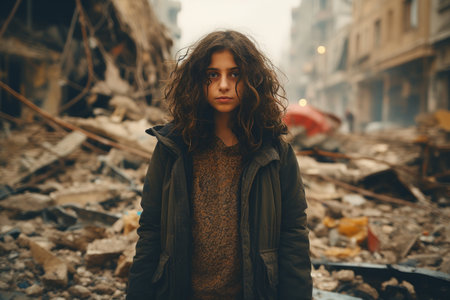 a young woman standing in the middle of a destroyed cityの素材
