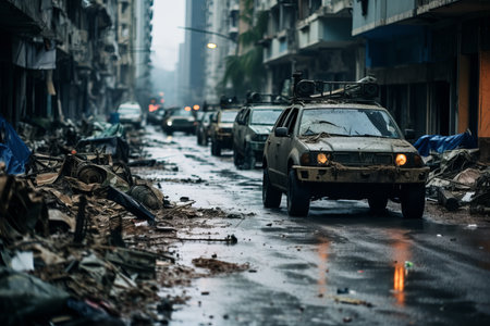 vehicles are parked on a street in the middle of a cityの素材
