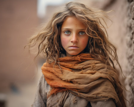 a young girl with long hair wearing an orange scarfの素材