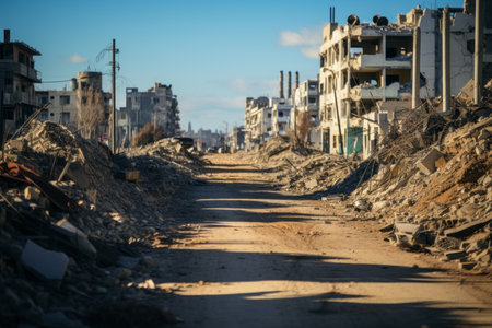 an empty street in the middle of a destroyed cityの素材