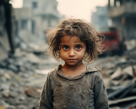 a young girl standing in the rubble of a destroyed cityの素材