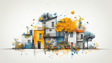 an artistic painting of a colorful city with trees and buildingsの素材