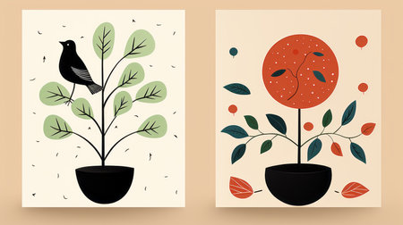 two cards with plants and birds on themの素材