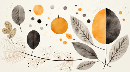 watercolor illustration of leaves and pine needlesの素材