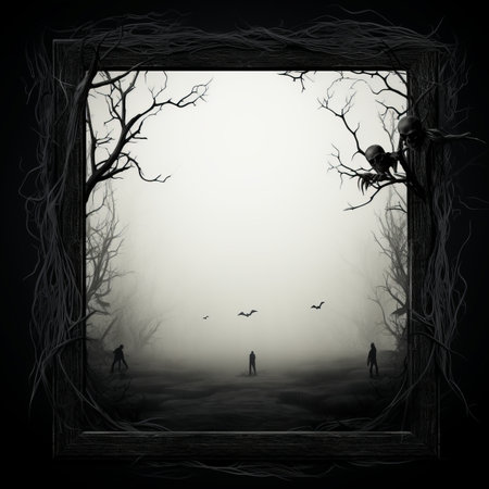 a black and white picture of a forest with trees and birds in the backgroundの素材